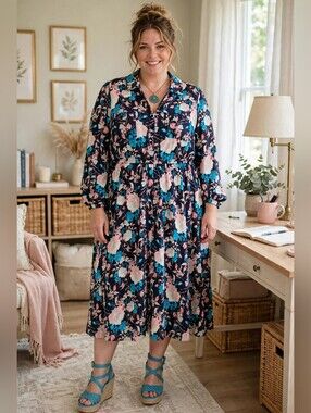 torrid Floral Button-Front Shirt Dress with Pink & Teal Blooms